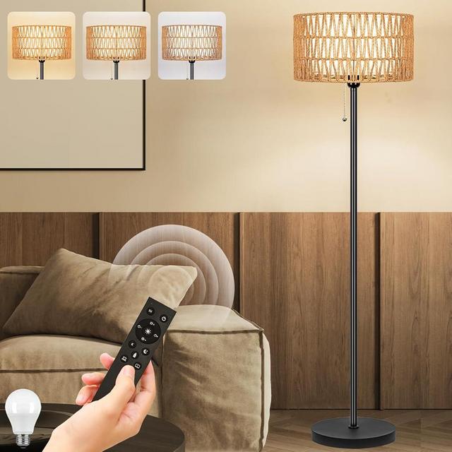 Brilvibera Boho Floor Lamp- Farmhouse Standing Lamp with Stepless Dimmable Bulb, Rustic Rattan Floor Lamp with Pull Chain, Bohemian Tall Floor Lamp for Living Room, Office, Classroom