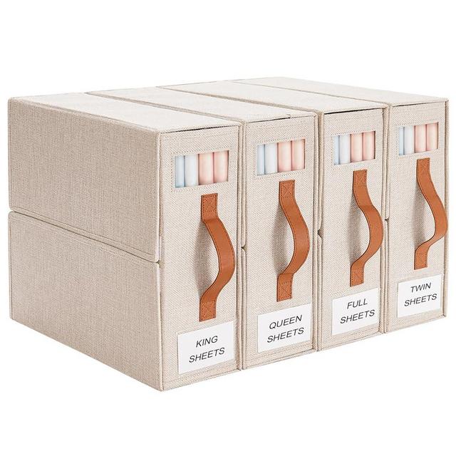 StarAneer 4 Pack Bed Sheet Organizers and Storage; Foldable Sheet Organizer Linen Storage Box for Sheets with Two Windows (Queen & King Size) Sheets Organizer, Beige