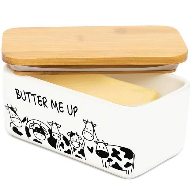 Lumicook porcelain butter dish with lid, Natural bamboo lid, seal included for airtight butter dish, butter holder easily fits 2 sticks of butter (Butter me up)