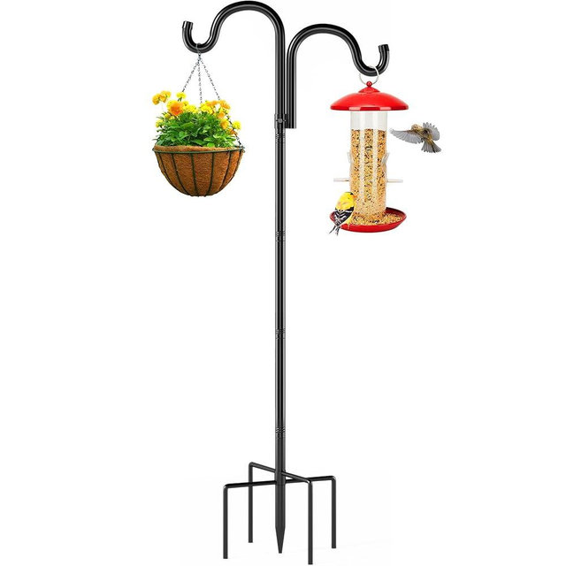 Double Shepherds Hooks for Outdoor, 76" Heavy Duty Bird Feeder Pole with 5 Prong Base, Adjustable Shepherds Hook for Bird feeders Outside, Garden, Weddings, Hanging Plants, 1 Pack, Black