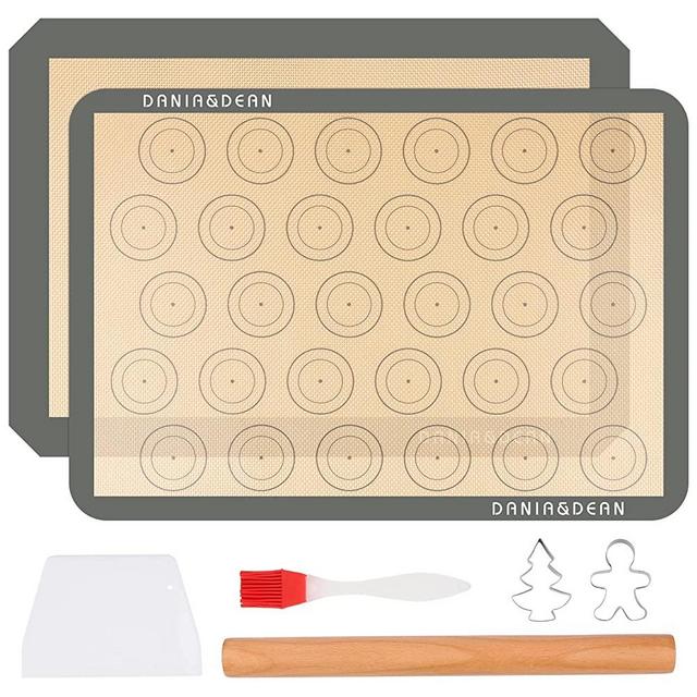 Silicone Baking Mat Kit, BPA-free Food Grade Silicone Baking Mats set of 2, Non-Stick Reusable Liners&Rolling Pin&Dough Scraper&Oil brush&Cookie Cutters, for Cookie, Pastry, Macaron, Pizza