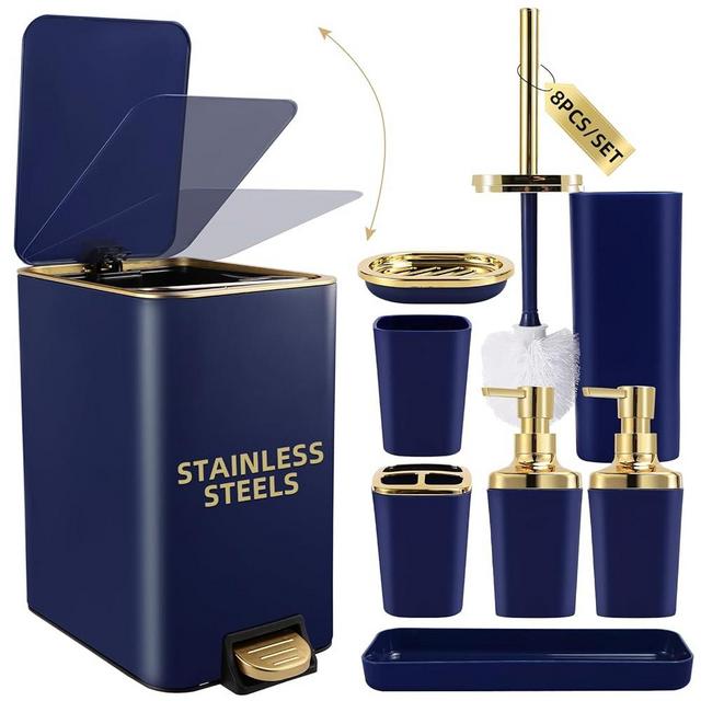 XLHOMO Navy Blue Bathroom Accessories Set 8 Piece Navy Blue and Gold Bathroom Set, Bathroom Sets with Stainless Steel Trash Can,Toilet Brush,Toothbrush Set,Soap Dispenser