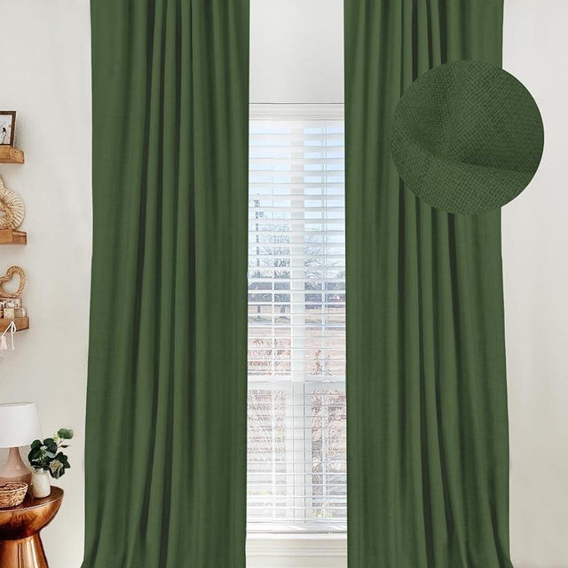 100% Blackout Shield Linen Blackout Curtains for Bedroom 84 Inches Long, Back Tab/Rod Pocket Living Room Drapes, Thermal Insulated Blackout Curtains 2 Panels Set, 50" W x 84" L, Moss Green