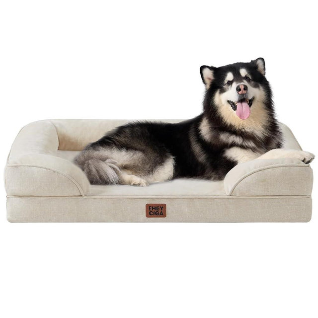 EHEYCIGA Orthopedic XL Dog Beds, Waterproof Memory Foam Dog Bed for Extra Large Dogs, Non-Slip Bottom and Egg-Crate Foam Big Pet Couch Bed with Washable Removable Cover, Beige