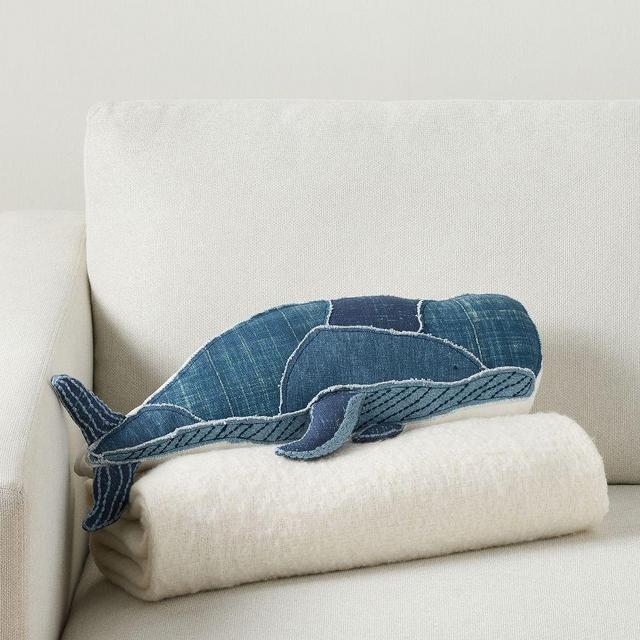 William the Whale Shaped Pillow, 2x9 Inches, Denim Multi