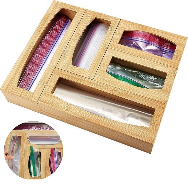 5 Pieces Sandwich Bag Organizer Food Storage Bag Holders Bamboo holder for plastic bags Multi-Sized Sandwich Bag Organizer for Drawer Kitchen Drawer Boxes for Gallon Quart Snack Candy Sandwish Bags