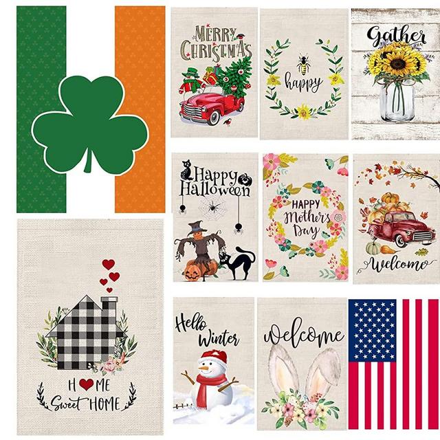 Linen Garden Flags for All Seasons 12Packs Outside Decorative Yard Garden Flags 12x18 Inch Small Double Sided Seasonal Garden Flags Set, Holiday Assortment Sets Lawn Flags