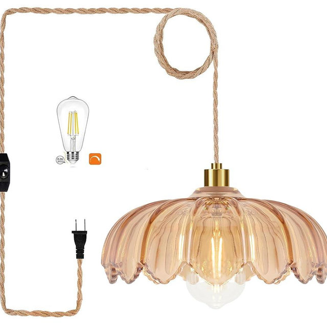 QIYIZM Plug in Pendant Light Hanging Lights with in Cord Mid Century Modern Gold Hanging Lamp Flower Glass Amber Vintage Dimmable Chandelier Ceiling Fixture for Living Room,Kitchen,Boho