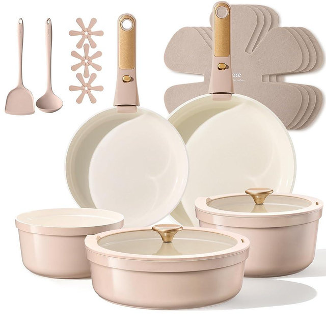 CAROTE 18 Pcs Ceramic Cookware Set Titanium Nonstick with Detachable Handles, Non Toxic Cookware, Pots and Pans Set Non Stick Removable Handles, Induction Available, Kitchen Cooking, Dishwasher Safe