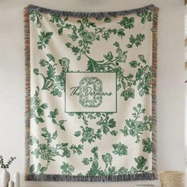 Toile Monogram Blanket Personalized Woven Throw, Last Name Floral Throw for Couch, Personalized House Warming Gift, Newly Married, - Etsy