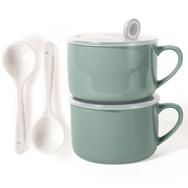 Wareland Soup Bowls with Handles & Spoons, 30oz Ceramic Ramen Bowl with Lid, Large Soup Mugs/Cups for Instant Noodle, Big Cereal Bowls for Oatmeal, Soup Containers with Lids, Set of 2, Teal Blue