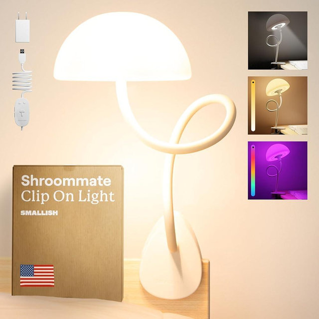 Smallish Shroommate Clip On Light and Bedside Table Lamp, Reading Light, Night Light for Kids Nursery, Clip on for Desk, Bed Headboard, Multicolor Changing LEDs Lights, Adapter Included (White)