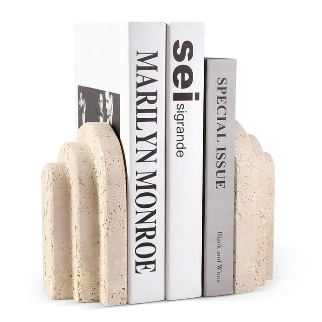 Natural Marble Book Ends - Heavy Duty Bookends for Shelves - Aesthetic Layered Arch Design Stone Book Holders, Unique Modern Office Bookshelf Stopper Decor for Books/CDs(Travertino Turkey)