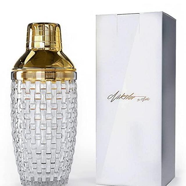 Luxury Glass Cocktail Shaker, Leakproof Metallic Steel Lid with Strainer, Home Bar Kitchen Martini Mocktail Making Set, 385ml Bottle for Housewarming Present, with Gift Box (Gold)