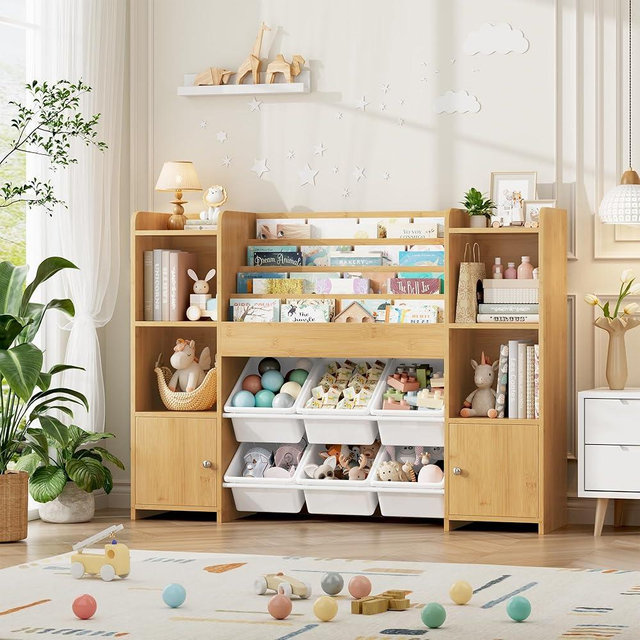 FINETONES Toy Storage Organizer with 6 Toy Bins, Toy Organizer Kids Bookshelf with 6 Cubbies, Toy Organizers and Storage Bins Playroom Storage for Kids Room, Natural