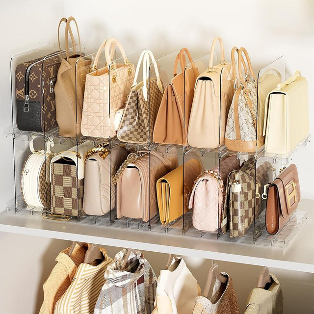 MSHOMELY Stackable Bag & Purse Organizer for Closet Shelf Acrylic Shelf Dividers for Closet Organization, Clear Handbag Purse Storage Organizer Divider, Keep Clutch, Wallet, Pocketbook Upright, 4 Pack