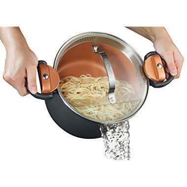 Gotham Steel 5 Quart Multipurpose Pasta Pot with Strainer Lid & Twist and Lock Handles, Nonstick Copper Surface Makes for Effortless Cleanup with Tempered Glass Lid, Dishwasher Safe