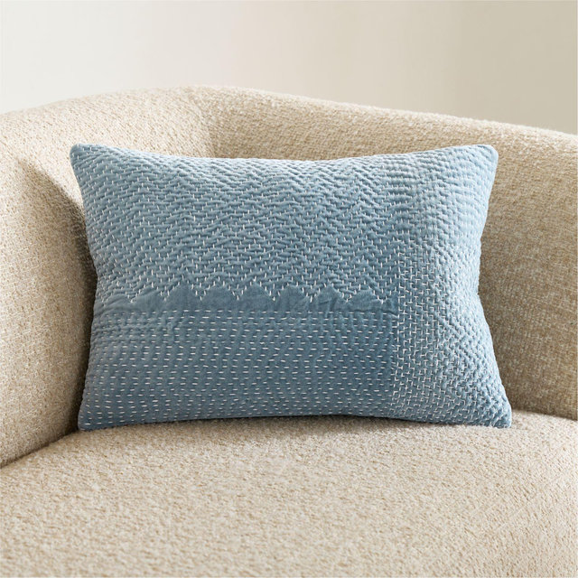 Sashiko Organic Cotton Velvet 22"x15" Blue Throw Pillow Cover