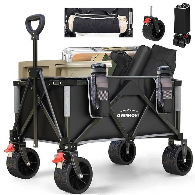 Overmont Collapsible Foldable Beach Wagon with 265lbs Weight Capacity, Heavy Duty Folding Utility Garden Cart with Big All-Terrain Detachable Wheels & Big Side Pockets 150L Capacity