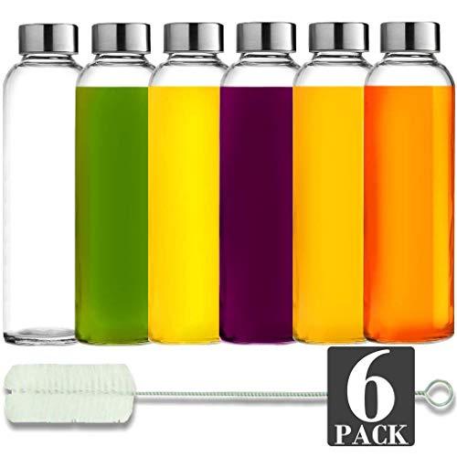 Brieftons Glass Water Bottles: 6 Pack, 18 Oz, Stainless Steel Leak Proof Lid, Premium Soda Lime, Best As Reusable Drinking Bottle, Sauce Jar, Juice Beverage Container, Kefir Kit - With Cleaning Brush