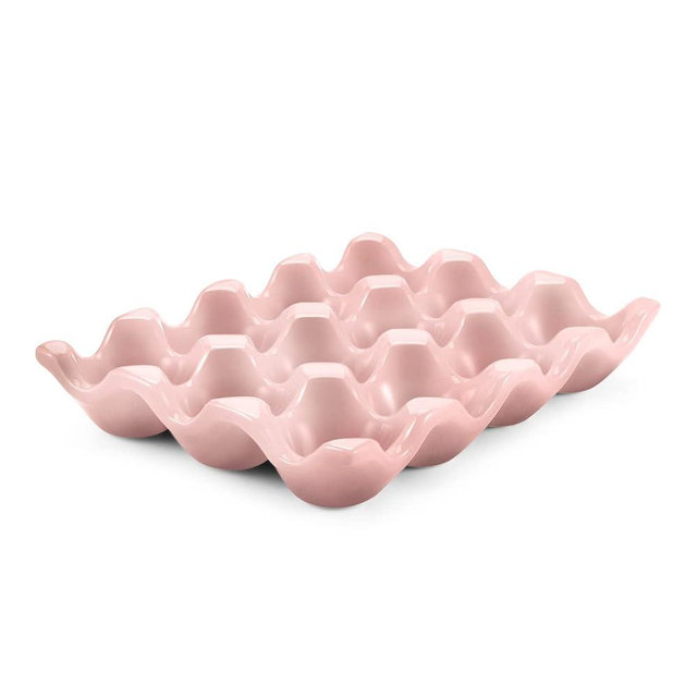 Flexzion Ceramic 12 Cups Egg Tray - Whole Dozen Porcelain Egg Holder Container Keeper Storage Organizer Decorative Serving Stand Serveware for Refrigerator Fridge Countertop Display 2 Pack (Pink)