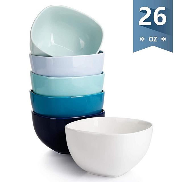 Sweese 111.003 Porcelain Square Bowl Set - 26 Ounce for Cereal, Soup and Fruit - Set of 6, Cool Assorted Colors
