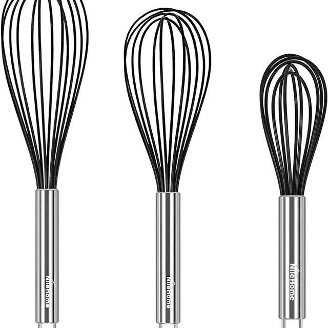 NileHome Whisk Flat Whisks Commercial Stainless Steel & Silicone Non-Stick Coated Small Whisk Set 8" 10" 12" Kitchen Wisk Wire Whisks for Cooking 3 Pack, Black