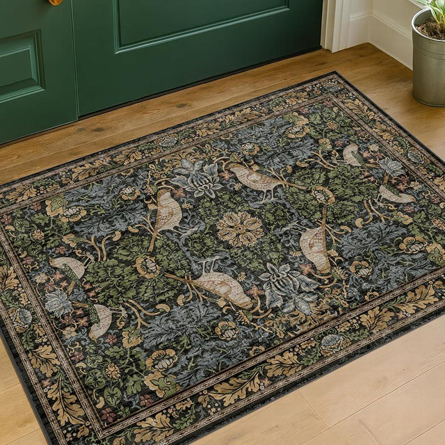 Hazo Haus Washable Dark Vintage Floral Rugs for Entryway - Small 2x3 Washable Rug for Kitchen Bathroom Door Mat Indoor Entrance with Bird & Botanical Pattern, Brown Earthy Tones, Non Slip Low Pile