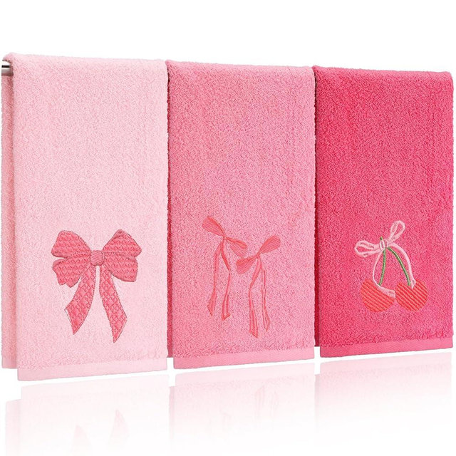 FuWeave 3 Pcs Pink Hand Towels for Bathroom Coquette Bow Embroidered Decorative Towel 100% Cotton Soft Absorbent Kitchen Facecloth Preppy Bathroom Decor Bridal Shower Wedding Gift 13.7 x 29.5''
