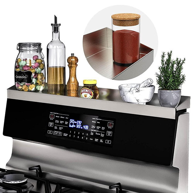 IIIOIIIA Stove Top Non Magnetic Shelf for Kitchen Organization| 30" Spice Rack Over The Stove | 4" Deep Spice Organizer with Border All Around | Brushed Stainless - Silver(Magnets not Included)