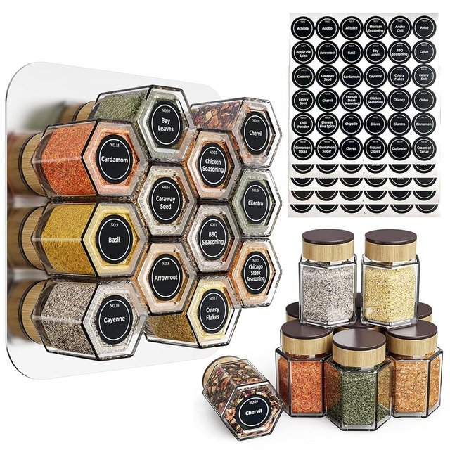 Vetacsion Set of 12 Magnetic Glass Spice Tins with 100 Preprinted Seasoning Label Stickers (Not Include Metal Wall-Plates)