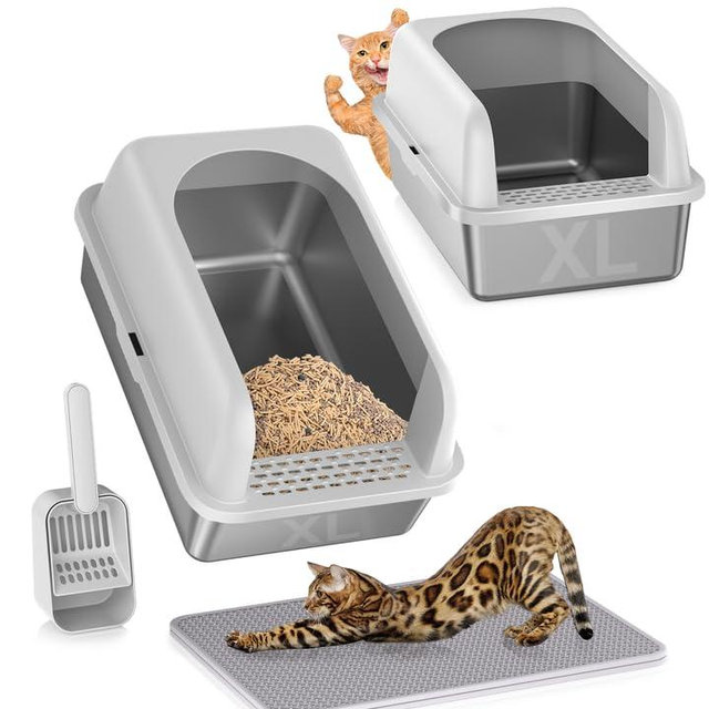 2 Pack Stainless Steel Litter Box, 24'' XL Extra Large Cat Litter Box with Lid, Metal Litter Boxes for Multiple Cats, Anti-Leakage,Non-Stick, Easy to Clean, Included Cat Litter Mat, Scoop