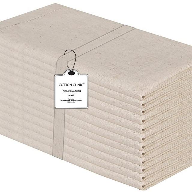 Cotton Clinic 12 Pack Hemstitched Cloth Dinner Napkins Oversized 20x20, Linen Cotton Fabric Tailored with Mitered Corner - Cocktail Napkins, Wedding Dinner Napkins Natural