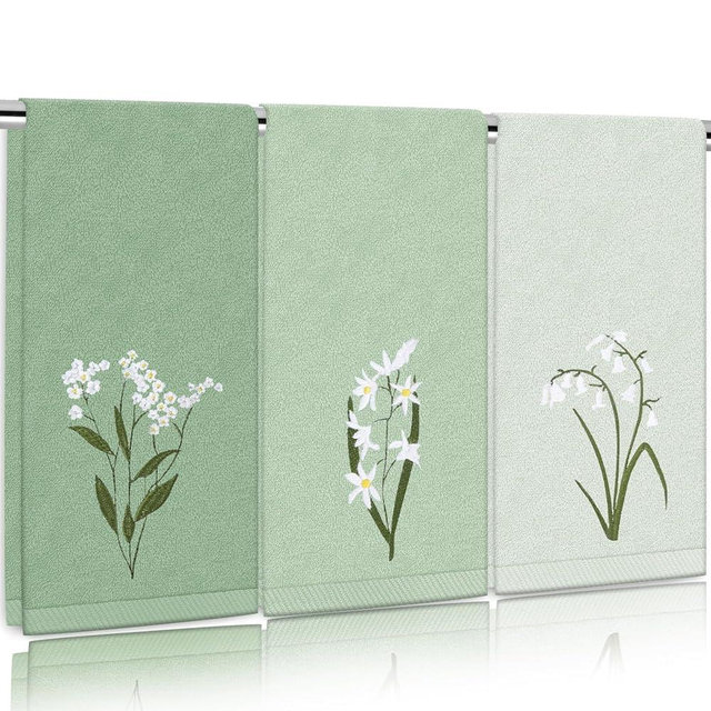 FYSUIMU 3Pcs Gradient Sage Green Hand Towels Floral Cotton Embroidered Bathroom Towels Absorbent Bath Towels for Hand Drying Cleaning Cooking, 29.5 x 13.7 Inch