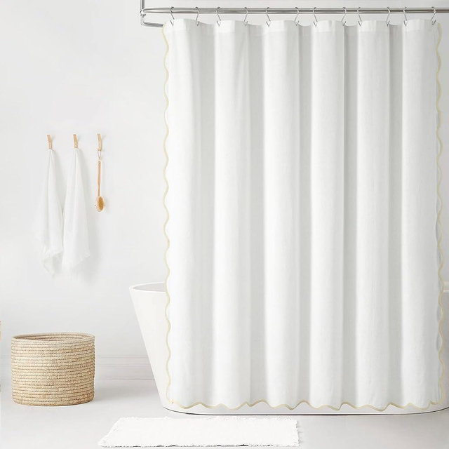 Lush Decor Coastal Chic Scallop Edge Linen Textured Shower Curtain Neutral/White Single 72x72 - Elegant Affordable Luxury Chic Charm for Bathroom Decor