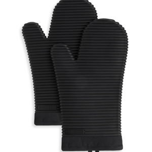 KITCHENAID Ribbed Soft Silicone Oven Mitt 2-Pack Set, Matte Black, 7.5"x13"