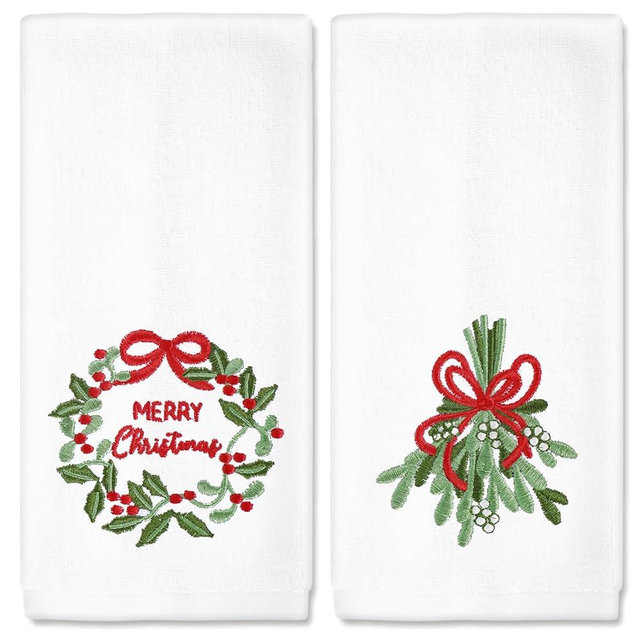 JarThenaAMCS 2 Pcs Merry Christmas Hand Towels Xmas Holly Berry Mistletoe Embroidered Cotton Towel Winter Dish Towel Set for Kitchen Bathroom Drying Cleaning, 29.5 x 13.7 Inch
