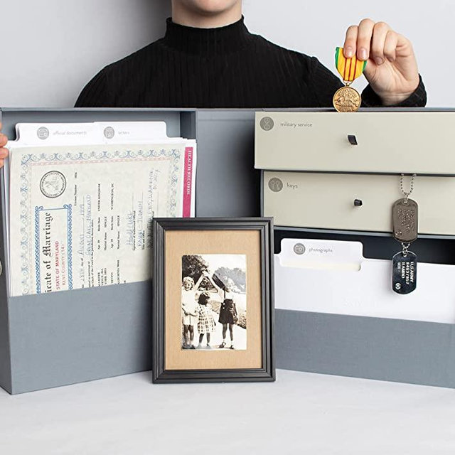 Savor | Family Heritage Keepsake Box | Slate Gray - Handmade Linen Memory Box with files, cubbies, adjustable drawers for Organizing Heirlooms, Genealogy, Ancestry Documents, Family Tree, Birthplaces