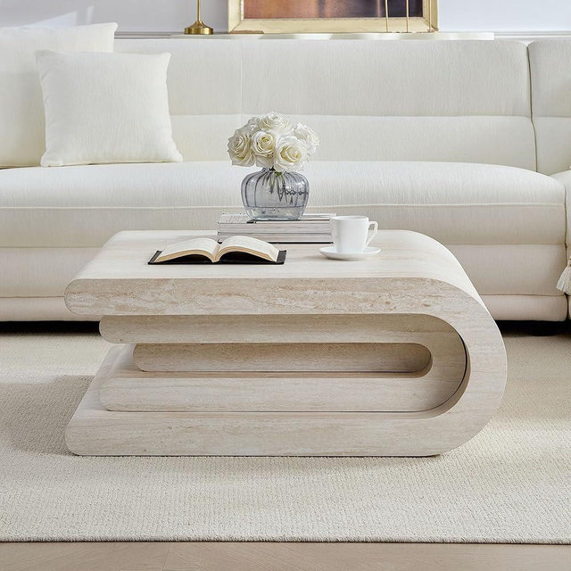 KEIKI 34" Faux Travertine Pattern Square MDF Coffee Table with Layered Base, Modern Style Irregular Coffee Table, No Assembly Required, for Apartment, Living Room, Bedroom, Reception Room, Beige
