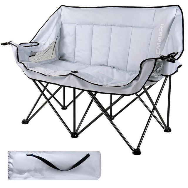 LEMBERI Oversized Outdoor Double Camping Chair with Strap, Heavy Duty Padded Portable Folding Loveseat for Adults, 2 Person Camping Couch with Cup Holders, Glass Holders, Back Storage Bag, Gray
