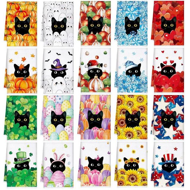FuWeave 20 Pcs Seasonal Kitchen Towels Holiday Decorative Hand Towels Set Summer 4th of July Fall Halloween Christmas Dish Cloths 16 x 24 Colorful Wash Cloths with Hanging Loop(Black Cat)
