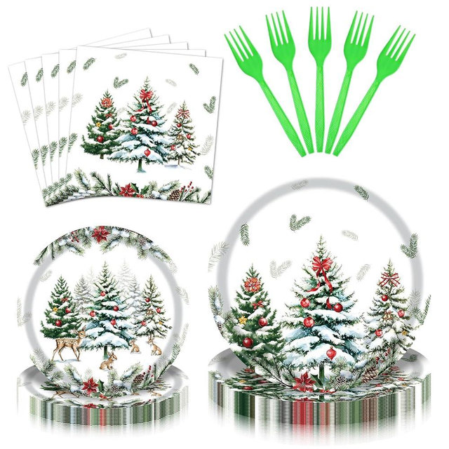 96 Pieces Christmas Tree Party Tableware Set – Holiday-Themed Disposable Plates, Napkins, and Green Forks for Christmas Dinners, Winter Parties, and Seasonal Celebrations – Serves 24 Guests