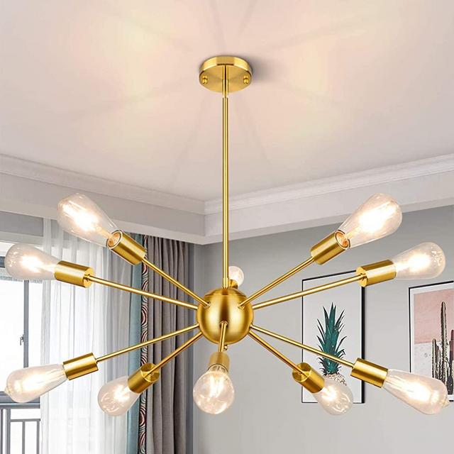 Sputnik Chandeliers 10-Light, Brushed Brass Modern Pendant Lighting Adjustable Length, Industrial Vintage Ceiling Light Fixture Anti-Rust Modern Chandelier for Hallway Foyer Kitchen Living Room, Gold