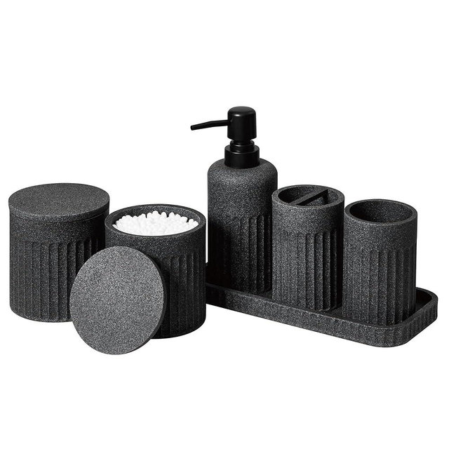 INIUNIK Bathroom Accessory Set - 6 Pieces Bathroom Accessories Set Complete with Soap Dispenser, Toothbrush Holder, Tumbler, Vanity Tray and 2 Qtip Holder for Home Organizer and Decor, Dark Grey