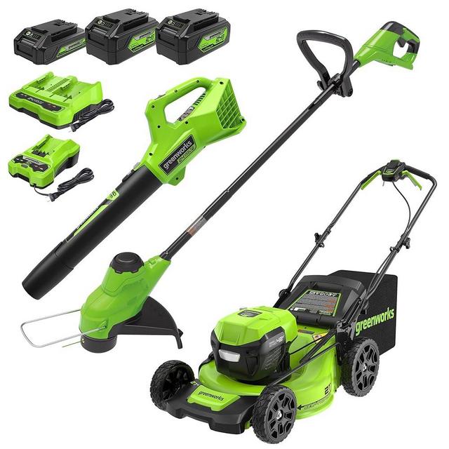 Greenworks 48V (2x24V) 21-Inch Cordless Battery Mower, 12-Inch String Trimmer, & 320 CFM Blower Combo Kit w/ (2) 5.0Ah Batteries, (1) 2.0Ah Battery & Chargers