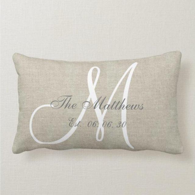 Chic Beige Linen White Monogram Family Keepsake Lumbar Pillow