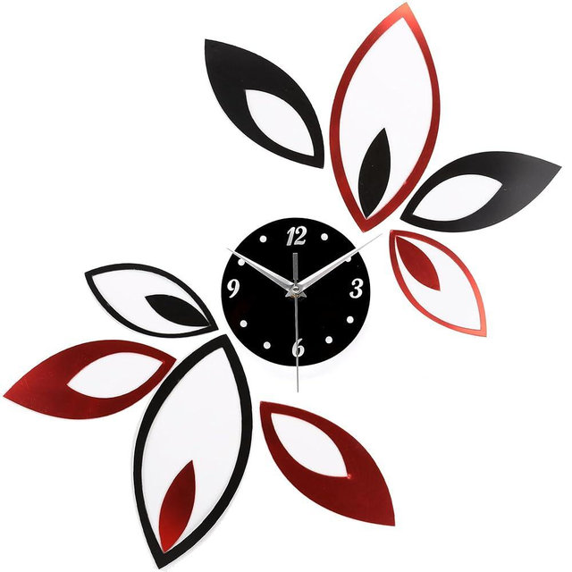 Artyea Toprate Mirror Wall Clock, Red and Black Rhombus Leaves Sticker Decoration, Silver