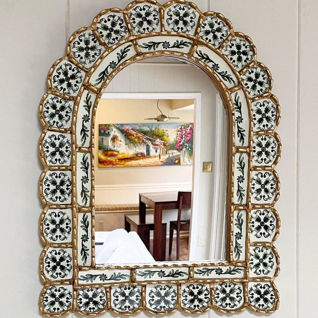 Green and creamy white arch mirror, mediterranean tiles mirror, bohemian mirror, Spanish, Peruvian, French, Italian, painted glass mirror