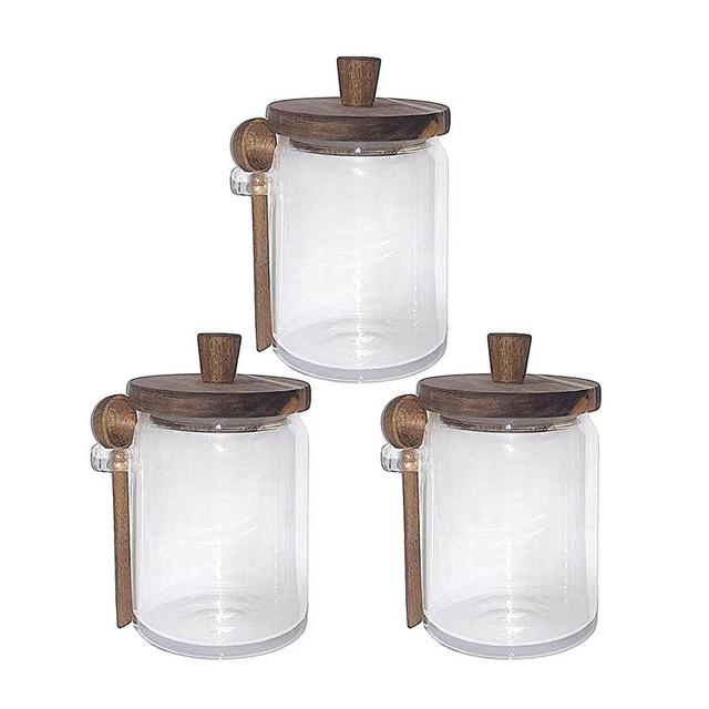 Piscepio Set of 3 Glass Jars Containers with Wooden Lids and Scoop Clear Canister Jars Set with Spoon for Kitchen Food Storage Coffee Tea Sugar Decorative Countertop Organization Jars 31 oz (3)