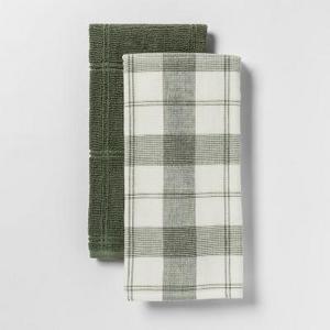 2pk Check With Solid Kitchen Towel Green - Threshold™